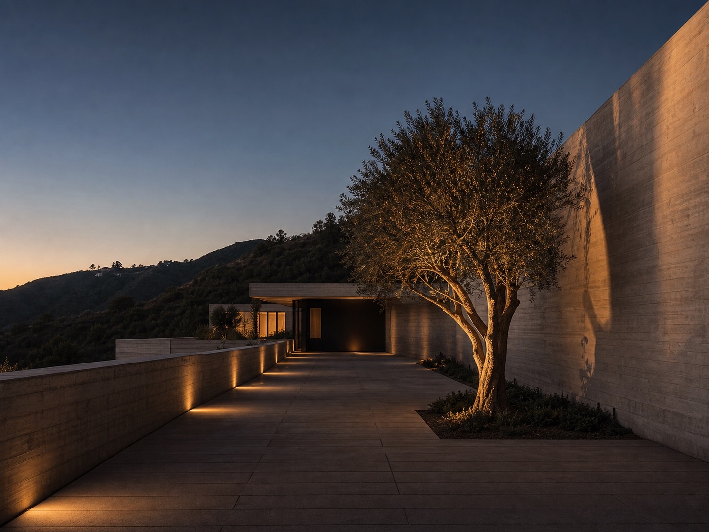 Approach and motor court at dusk