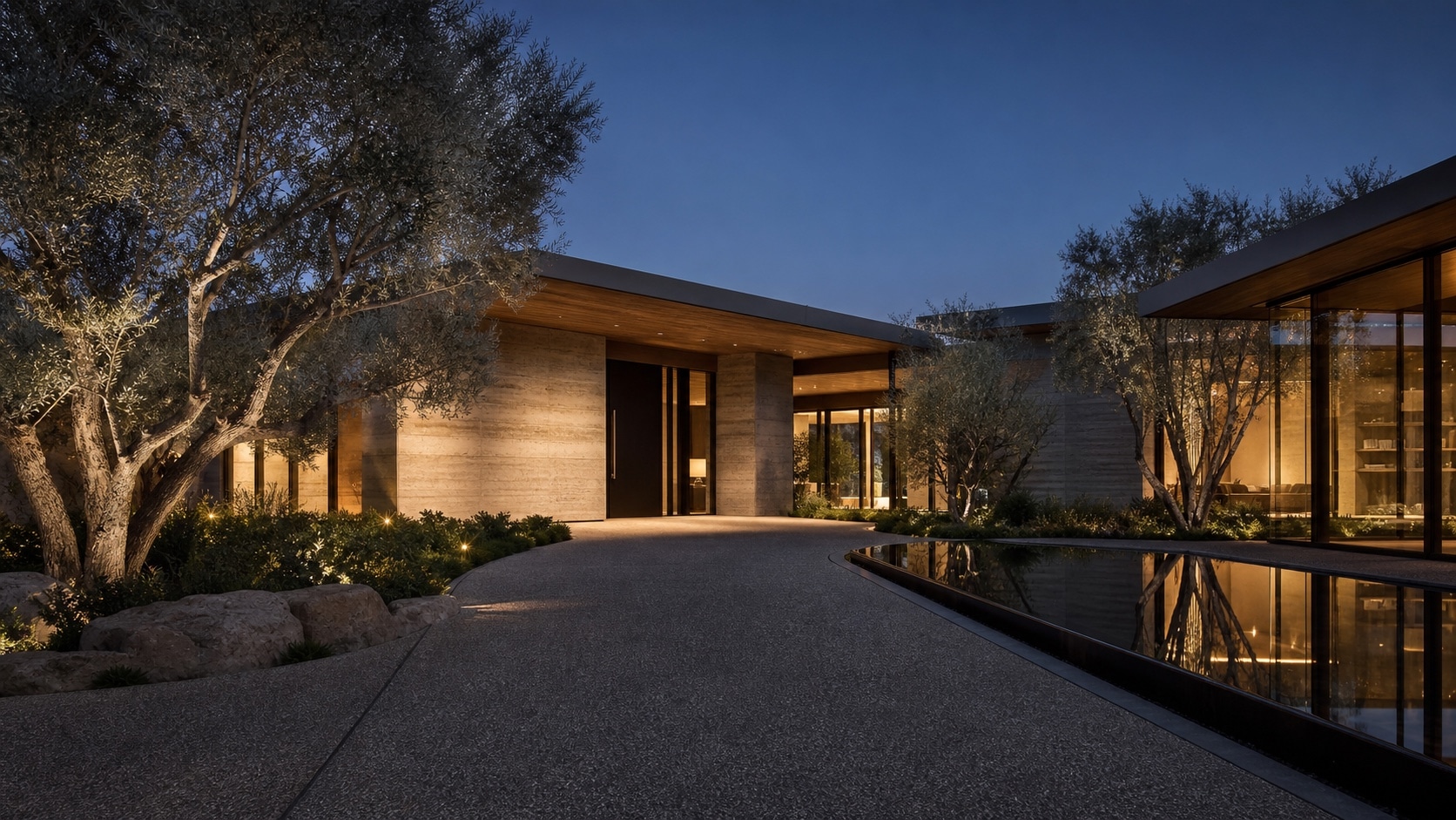 Modern luxury estate at dusk