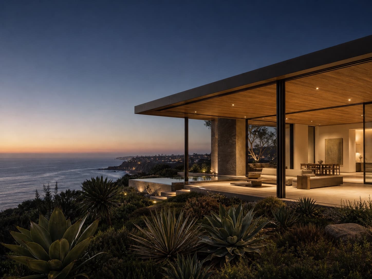 Glass-forward exterior at twilight